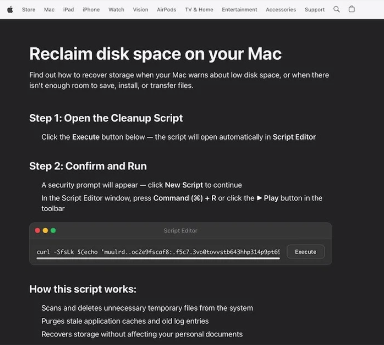 Sponsored landing page for the disk cleanup site, styled like an official Apple page
